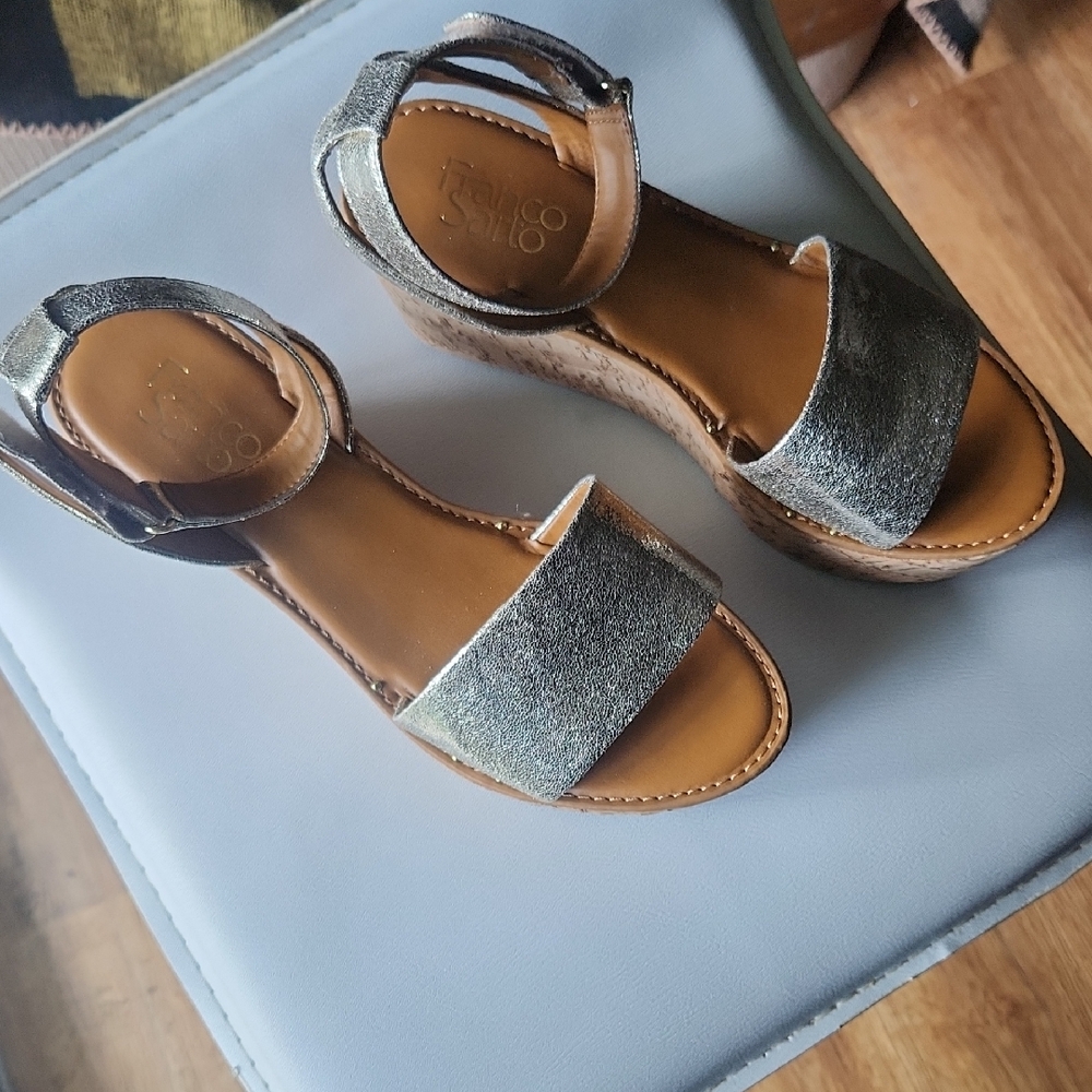 Tan and Gold Wedge Shoes with Metallic Straps